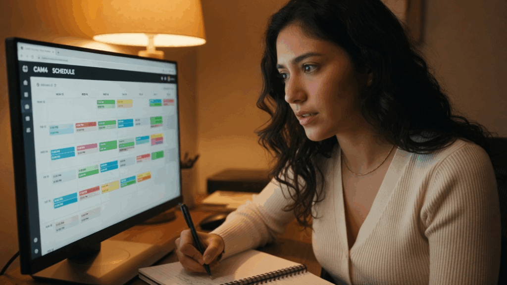 Jeune femme aux cheveux noirs ondulés, concentrée, écrivant dans un cahier tout en regardant un écran d’ordinateur affichant le planning CAM4 avec blocs colorés, assise à un bureau sous une lampe chaleureuse.