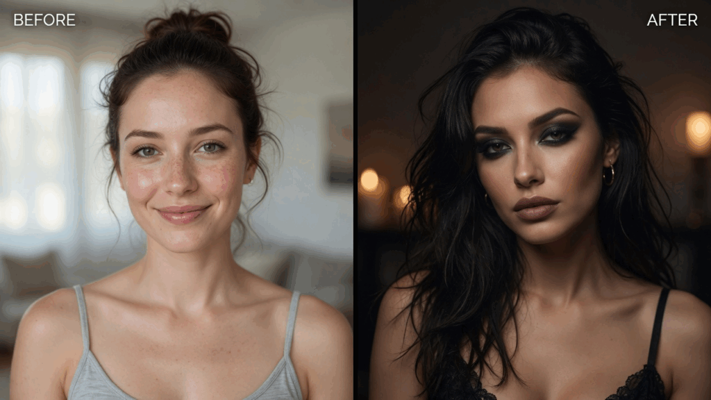Comparaison avant/après d’une femme : à gauche (BEFORE), version naturelle avec cheveux châtains en chignon, taches de rousseur et sourire ; à droite (AFTER), version glamour avec cheveux noirs longs, maquillage dramatique et lingerie noire.